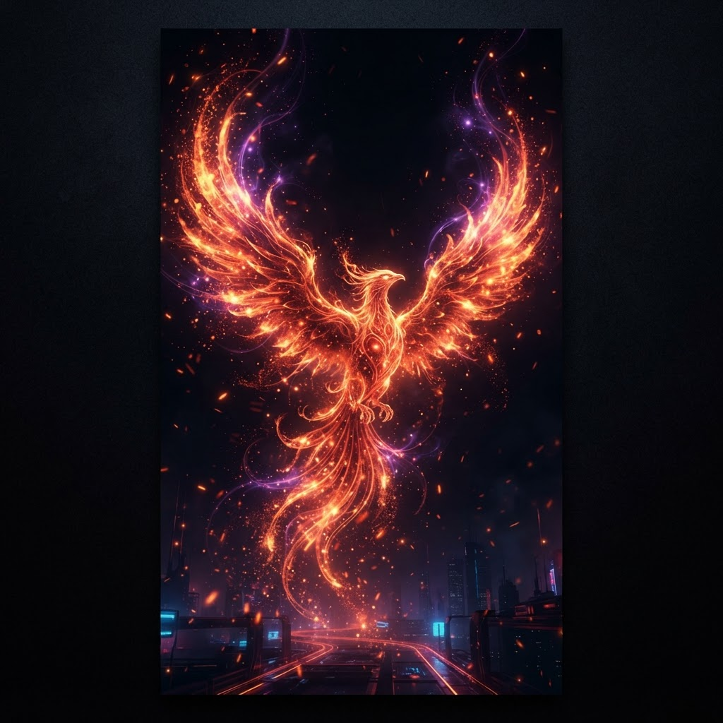 Abstract phoenix rising from glowing embers, representing Phoenix Host infrastructure